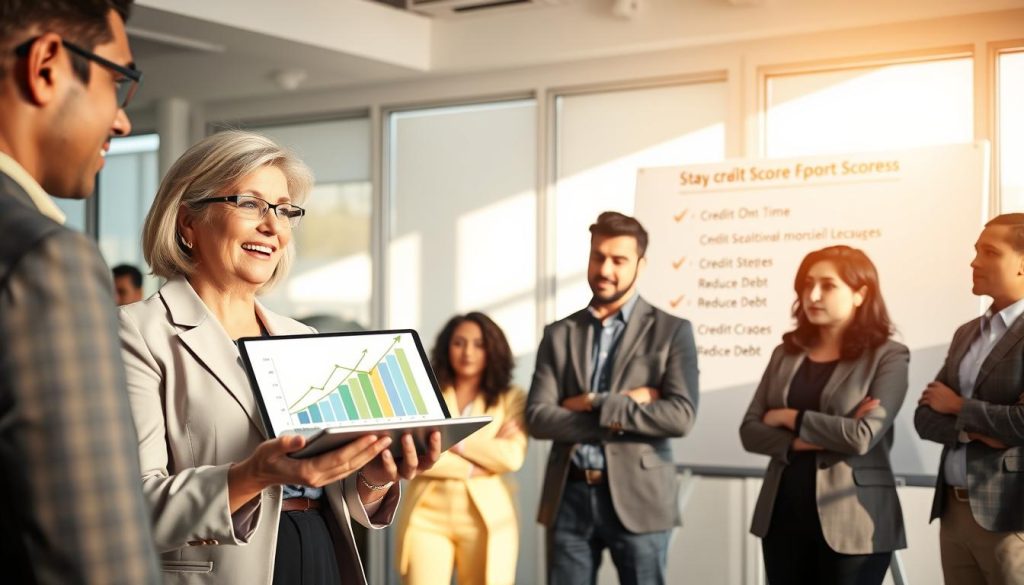 A bright and professional office setting featuring a diverse group of individuals engaged in a discussion about credit score improvement. In the foreground, a middle-aged woman in business attire is enthusiastically presenting charts on a tablet that showcase a rising credit score graph, symbolizing progress. In the middle ground, a young man in a smart casual outfit observes intently, taking notes. To the background, a large whiteboard displays bullet points of steps for improving credit scores, like "Pay Bills On Time" and "Reduce Debt." The lighting is warm and inviting, with natural daylight streaming through large windows, casting soft shadows. The overall atmosphere is one of collaboration and motivation, emphasizing the importance of teamwork in achieving financial goals.