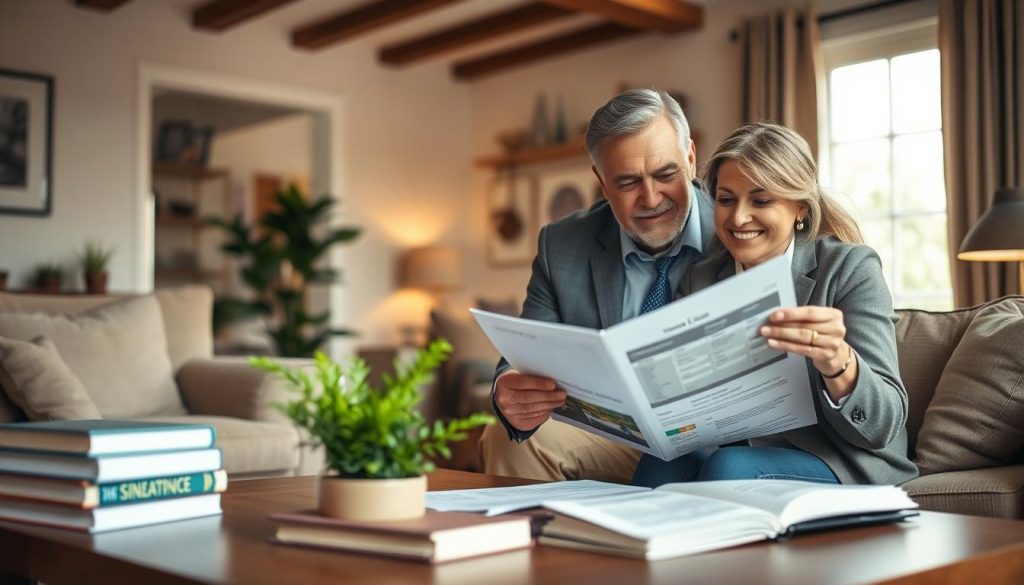 A cozy home interior featuring a warm, inviting living room with a family discussing financial options over a coffee table filled with documents. In the foreground, a middle-aged couple in professional attire examines a home equity loan brochure, their expressions reflecting optimism and engagement. In the middle ground, there’s a lush indoor plant and a stack of financial books, symbolizing knowledge and growth. The background showcases a well-decorated home with soft, natural light streaming through a window, creating a serene atmosphere. The mood is optimistic and collaborative, emphasizing the financial flexibility and benefits that home equity loans can provide. Use soft focus to enhance the warmth and approachability of the scene, with a wide-angle lens effect to capture the entire setting comfortably.