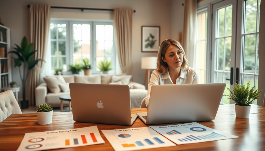 A cozy, well-lit home interior featuring a couple in professional attire discussing their finances around a dining table. In the foreground, a laptop and papers with charts and graphs illustrating home equity loan benefits. The middle scene shows a welcoming living space with a soft, inviting sofa and houseplants, symbolizing comfort and stability. In the background, a window with natural light streaming in, showcasing a well-maintained garden outside. The atmosphere is warm and optimistic, emphasizing financial planning and the advantages of leveraging home equity. Use warm lighting, capturing a feeling of hope and opportunity, shot with a 35mm lens to create an intimate, engaging depth.
