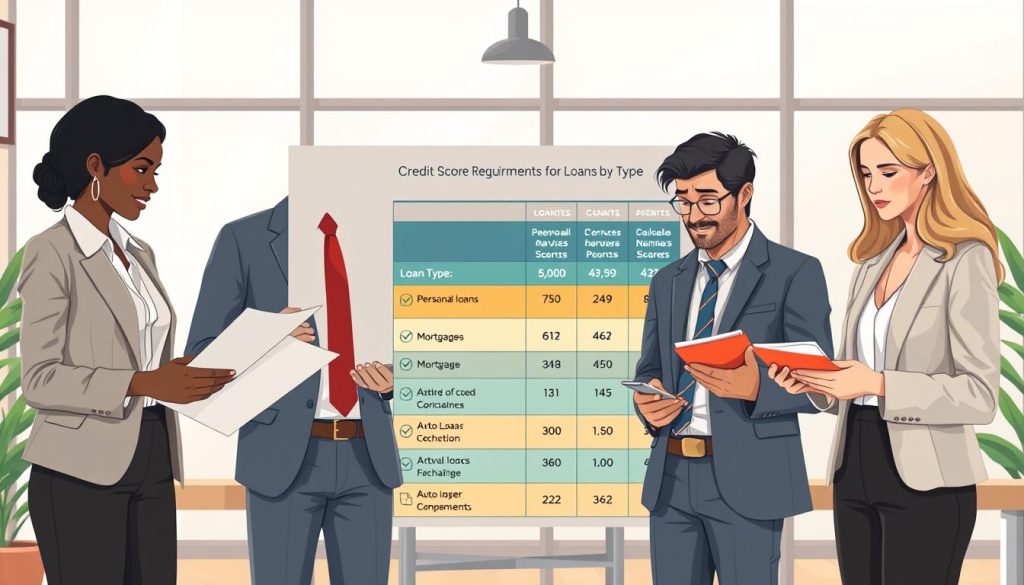 A detailed and informative illustration representing "Credit Score Requirements for Loans by Type." In the foreground, feature a diverse group of three professionals in business attire, including a Black woman analyzing documents, a Hispanic man discussing with a laptop, and a Caucasian woman calculating numbers on a notepad. In the middle ground, display a large chart showcasing different loan types like personal loans, mortgages, and auto loans, each with varying credit score requirements; use clear colors and icons to differentiate them. In the background, include a modern office setting with large windows allowing soft, natural light to illuminate the scene. The overall mood should be focused and cooperative, suggesting teamwork and analysis. The angle should be slightly above eye level, providing a comprehensive view of the interaction.