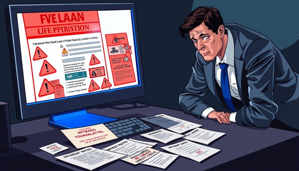 A dramatic illustration depicting the theme of online loan scams to avoid. In the foreground, a computer screen displays a fake loan application filled with warning signs like red flags and warning icons. A concerned person in professional business attire, looking skeptical, is bending closer to the screen, their expression reflecting caution or suspicion. In the middle ground, scattered papers with the words "Interest Rates," "Guaranteed Approval," and "No Credit Check" suggest misleading offers. The background features a dark room illuminated only by the computer's blue light, enhancing the feeling of unease and vigilance. Soft, moody lighting casts shadows, creating an atmosphere of caution and alertness. The angle should be slightly elevated, giving a sense of depth and focusing on the foreground's key elements.