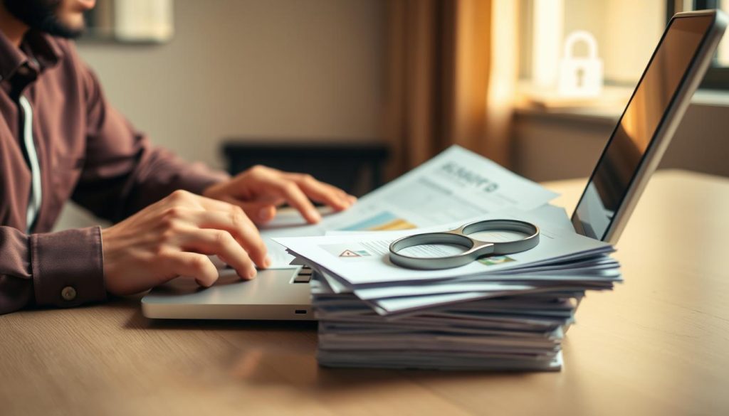 A focused scene depicting a professional-looking individual sitting at a desk with a laptop open, analyzing various online loan applications. The foreground features a close-up of their hands typing, showcasing a keen sense of caution. The middle layer includes stacks of documents with warning symbols and a magnifying glass on top, symbolizing the importance of scrutiny when applying for loans. In the background, a softly lit office environment conveys a serious yet calm atmosphere, with a digital security lock icon subtly integrated into a window or wall decoration. Use warm, natural lighting to evoke a sense of vigilance and professionalism, capturing the essence of protecting oneself against online loan scams.