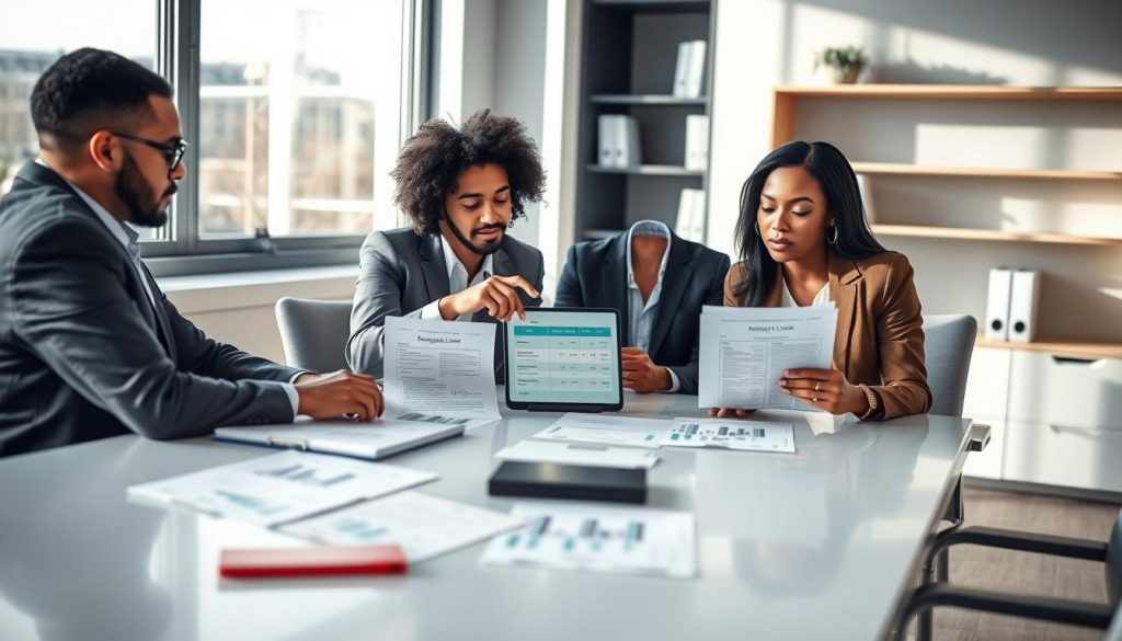 A modern office setting with a clean, professional look. In the foreground, a diverse group of three individuals in business attire sit around a sleek conference table, examining various documents and financial charts related to emergency loans. In the middle, focused on their discussion, one person points towards a digital tablet displaying a comparison of loan options. The background features a large window with natural daylight streaming in, casting soft shadows, and shelves with books on finance and personal loans. The atmosphere is serious yet collaborative, reflecting the urgency of assessing financial needs. Use a soft focus lens to evoke a sense of clarity and professionalism, capturing a candid moment of teamwork and financial strategy.