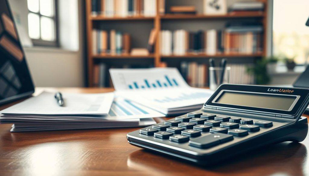 A modern workspace featuring a sleek loan calculator on a wooden desk, surrounded by various financial documents and graphs. In the foreground, the calculator is vividly illuminated by natural light streaming through a nearby window, highlighting its digital display. In the middle, there's a neatly organized stack of paperwork with charts comparing different loan options, carefully arranged for clarity. The background showcases a blurred bookshelf filled with financial literature, giving an academic feel. The atmosphere is professional and focused, conveying a sense of efficiency and organization, ideal for maximizing the use of loan calculators. The image should be composed at eye level with a soft focus on the background, emphasizing the tools for effective financial planning. A modern workspace featuring a sleek loan calculator on a wooden desk, surrounded by various financial documents and graphs. In the foreground, the calculator is vividly illuminated by natural light streaming through a nearby window, highlighting its digital display. In the middle, there's a neatly organized stack of paperwork with charts comparing different loan options, carefully arranged for clarity. The background showcases a blurred bookshelf filled with financial literature, giving an academic feel. The atmosphere is professional and focused, conveying a sense of efficiency and organization, ideal for maximizing the use of loan calculators. The image should be composed at eye level with a soft focus on the background, emphasizing the tools for effective financial planning.
