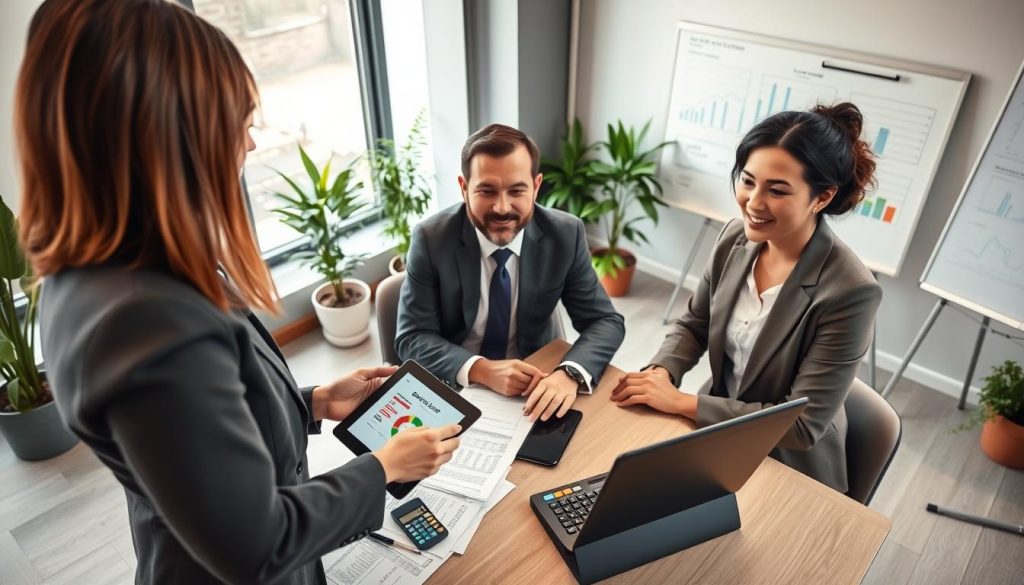 A professional office environment featuring a diverse group of three individuals discussing credit scores. In the foreground, a woman in business attire examines a tablet displaying a visual representation of a high credit score, surrounded by financial documents and a calculator. In the middle, a man and another woman, also dressed in professional business attire, sit at a table, engaged in the conversation. The background showcases a modern office with large windows allowing natural light to illuminate the scene, plants in the corners, and a whiteboard with charts and graphs related to loan approval criteria. The atmosphere is focused and collaborative, reflecting the seriousness of financial discussions. The camera angle is slightly above eye level to create a dynamic perspective.