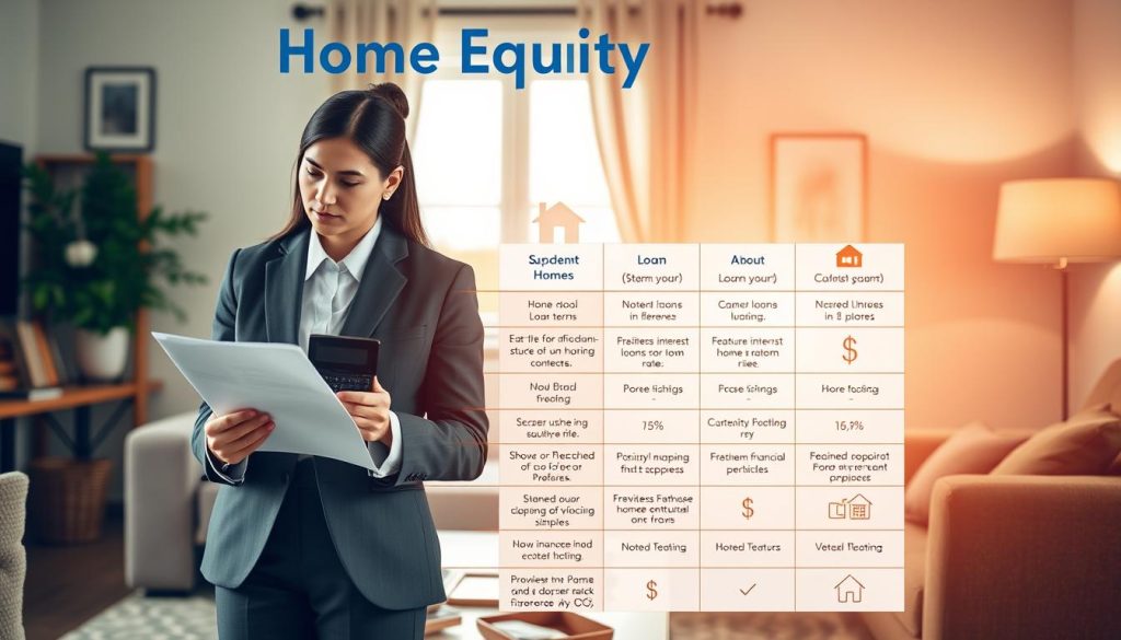 A visually engaging comparison of home equity loans, featuring a split image layout. In the foreground, place a professional-looking couple, dressed in business attire, examining loan documents and calculators, with focused expressions. In the middle, showcase a table split into sections, each presenting different loan terms, interest rates, and features in an organized manner. Use various icons representing finance, like percentage signs, dollar signs, and home symbols, to enhance clarity. In the background, illustrate a cozy living room setting with a tasteful home ambiance, soft natural lighting coming through a window, casting warm tones. The overall atmosphere should be informative yet inviting, emphasizing financial empowerment and decision-making.