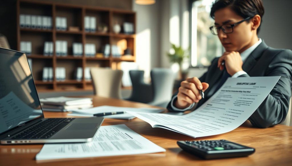 A well-organized office workspace focused on the emergency loan application process. In the foreground, a professional-looking laptop displays a loan application form, with neatly arranged documents and a calculator beside it. A person in smart business attire is seated, thoughtfully reviewing the application, highlighting sections with a pen, conveying focus and determination. In the middle, a soft-focus image of financial and legal paperwork is visible, enhancing the theme of financial preparation. The background features a softly lit office environment with shelves of books and a calm, inviting window view, suggesting a safe and productive atmosphere. Natural light streams in, casting gentle shadows and creating a tranquil mood, ideal for financial planning. The angle is slightly elevated, emphasizing clarity and organization.